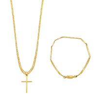 Corrente cordão masculino 60cm + pingente cruz + pulseira banhado a ouro 18k mimoo joias
