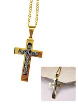 Corrente Cordão Masculino 70Cm Dourado Pingente Cruz Oração