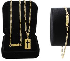 Corrente Cordão Masculino Banhado A Ouro 18k + Pingente Cruz Plaquinha