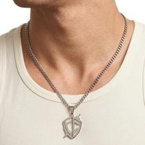 Corrente Cordão Masculino Pingente Escudo Fé Aço Inoxidável 316L Prateado e Dourado Antialérgico Masculino