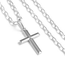 Corrente Cordão Masculino Prata Maciça 925 Bloco 80cm Cruz