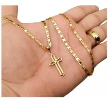 Corrente Cordão Piastrine Banhado A Ouro 18k + Crucifixo - tlg-semi joias