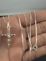 Corrente Cordão Prata Maciça 925 C/ Pingente Crucifixo 60cm