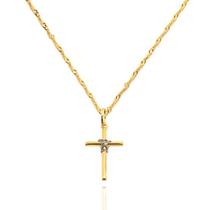 Corrente Cordão Singapura Com Pingente Cruz Palito 2 Cores Ouro 18k