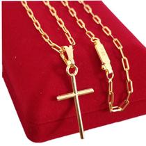 Corrente Correntinha Masculina Fina 2mm 60 Colar com pingente Cruz Crucifixo Banhado A Ouro 18k