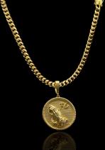 Corrente Cubana 8mm Moeda antiga + Pingente Fé redondo