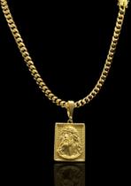 Corrente Cubana 8mm Moeda antiga + pingente Jesus Cristo