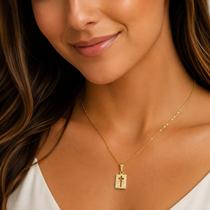 Corrente de Ouro 18k com Pingente de Cruz Medalha Retangular Joia