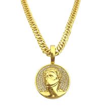 Corrente de Ouro 24k Grumet 7mm 70cm Pingente Medalha Real 3D Banhada a Ouro