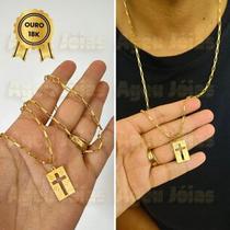 Corrente de Ouro 70cm Pingente Cruz Placa Cordao Masculino Ouro 18k