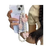 Corrente De Telefone Com Laço De Pérola Rosa, Pulseira Anti-Perda, Capa De Telefone Móvel, Cordão