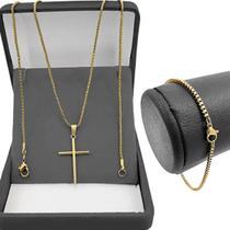 Corrente dourada aço inox + pulseira + pingente crucifixo religioso presente estiloso original - Orizom