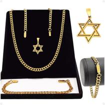 Corrente dourada aço + pulseira + pingente estrela davi religioso original casual qualidade premium estiloso grumet