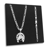 Corrente e Pingente Cavalo Ferradura Prata 925 3x1 4mm 60cm