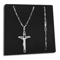 Corrente e Pingente Crucifixo Cruz Jesus Cristo de Prata 925 Legítima Maciça Italiana Original Tijolinho 60cm e 70cm