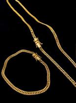 Corrente e pulseira lacraia 5mm fecho duplo banhados a ouro