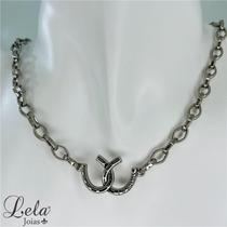 Corrente elo portugues com pingente 2 ferraduras prateadas em bijuteria