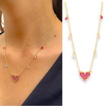 Corrente Feminina Cravejada Zircônia Pingente Coração Estilo