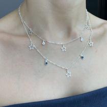 Corrente Feminina Pedra Zircônia Estrela Prata 925 Legítima Cor:Azul