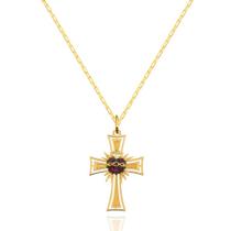 Corrente Feminina + Pingente Cruz Sagrado Coração Ouro 18k 60 cm