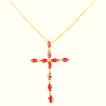 Corrente Feminina Veneziana 45cm Crucifixo Com Pedra Acrílica Rosa Tudo Folheada Ouro