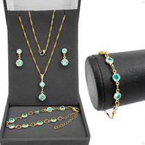 Corrente Feminina Veneziana + brincos + pingente + pulseira strass azul moda inox banhada ouro 18k