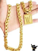 Corrente Friso 12Mm + Pingente Letra - Banhado A Ouro 18K