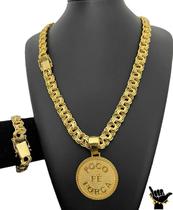 Corrente Friso 12mm + Pulseira + Pingente - Banhado a Ouro Corrente Friso 12mm + Pulseira + Pingente - Banhado a Ouro