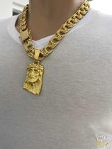 Corrente Friso 18Mm + Pingente Rosto Cristo - Banhado A Ouro Corrente Friso 18Mm + Pingente Rosto Cristo - Banhado A Ouro