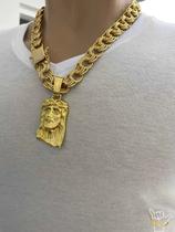 Corrente Friso 18mm + Pingente Rosto Cristo - Banhado a Ouro Corrente Friso 18mm + Pingente Rosto Cristo - Banhado a Ouro