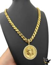 Corrente Friso S 8Mm + Pingente Rosto Cristo Banhado A Ouro