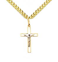 Corrente Groumet 60cm Com Pingente Cruz Vazada com Cristo Masculino 4.7 grama em Ouro 18k