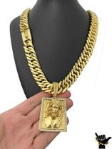 Corrente Grumet 18Mm + Pingente Rosto 3D -Banhado A Ouro 18K