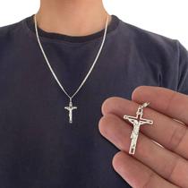 Corrente Grumet 60cm Pingente Crucifixo Cruz Jesus Prata 925