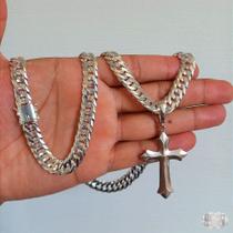 Corrente Grumet Dupla Fecho Gaveta 10mm com Pingente Cruz Grande em Prata 925