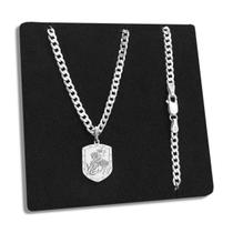 Corrente Grumet e Pingente Escudo São Jorge Prata 925 Legítima Maciça Italiana Escamada Original 3mm Colar 60cm 70cm
