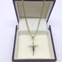 Corrente Grumet Folheada Ouro 18k + Crucifixo 70cm 3mm