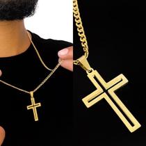 Corrente Grummet Masculina Banhada a Ouro 18k em Aço Inoxidável 70cm 2mm + Pingente Crucifixo Vazado