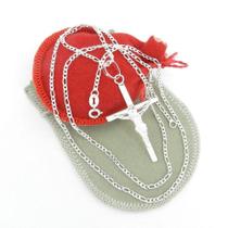 Corrente Masculina 70cm 2mm + Cruz 45mm Folheada Prata CR410