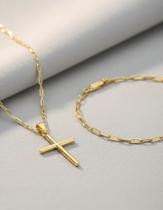 Corrente Masculina 70cm e Pulseira 21cm Pingente Cruz Banhada a Ouro18k