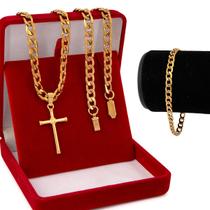 Corrente Masculina Banhada A Ouro 18k 70cm Grosso +ping Cruz+pulseira Grumet
