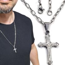 Corrente Masculina Colar Crucifixo Cruz Prata Pedra Aço Inox