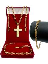 Corrente Masculina Cordão Cadeado+ Pingente Cruz + Pulseira Banhado A Ouro