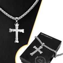 Corrente Masculina Correntinha Prata Crucifixo Caixa Premium