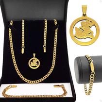 Corrente Masculina Grumet Aço Inox Folheada + Pingente São Corrente Masculina Grumet Aço Inox Folheada + Pingente São