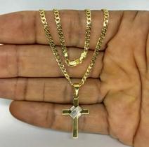 Corrente Masculina grumet curta 70cm 2mm com pingente curz banhada a ouro 18k