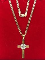 Corrente Masculina grumet curta 70cm 2mm + Pingente Cruz Banhado Ouro 18k