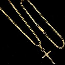 Corrente Masculina Piastrine Cordão Banhado a Ouro 18k 2mm 60cm + Pulseira + Pingente Crucifixo