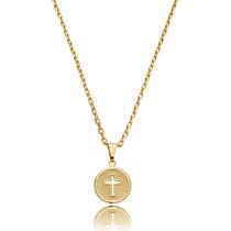 Corrente Masculina Placa Redonda e Cruz Banho Ouro18k 70cm