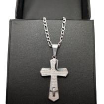 corrente masculina prateada crucifixo 3x1 inox cruz c1